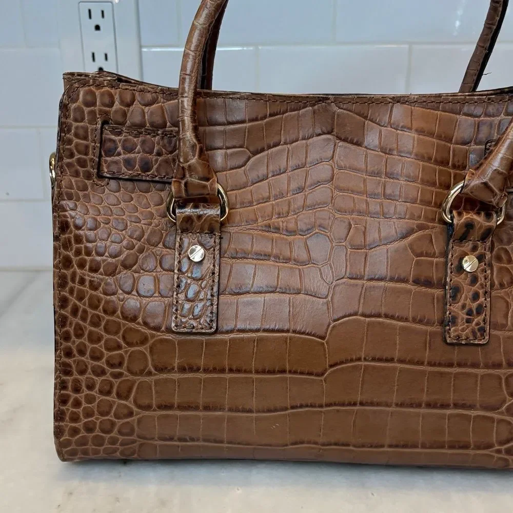 Michael Kors Bag Purse Handbag Croc Embossed Leather Brown Hamilton Tote Bag